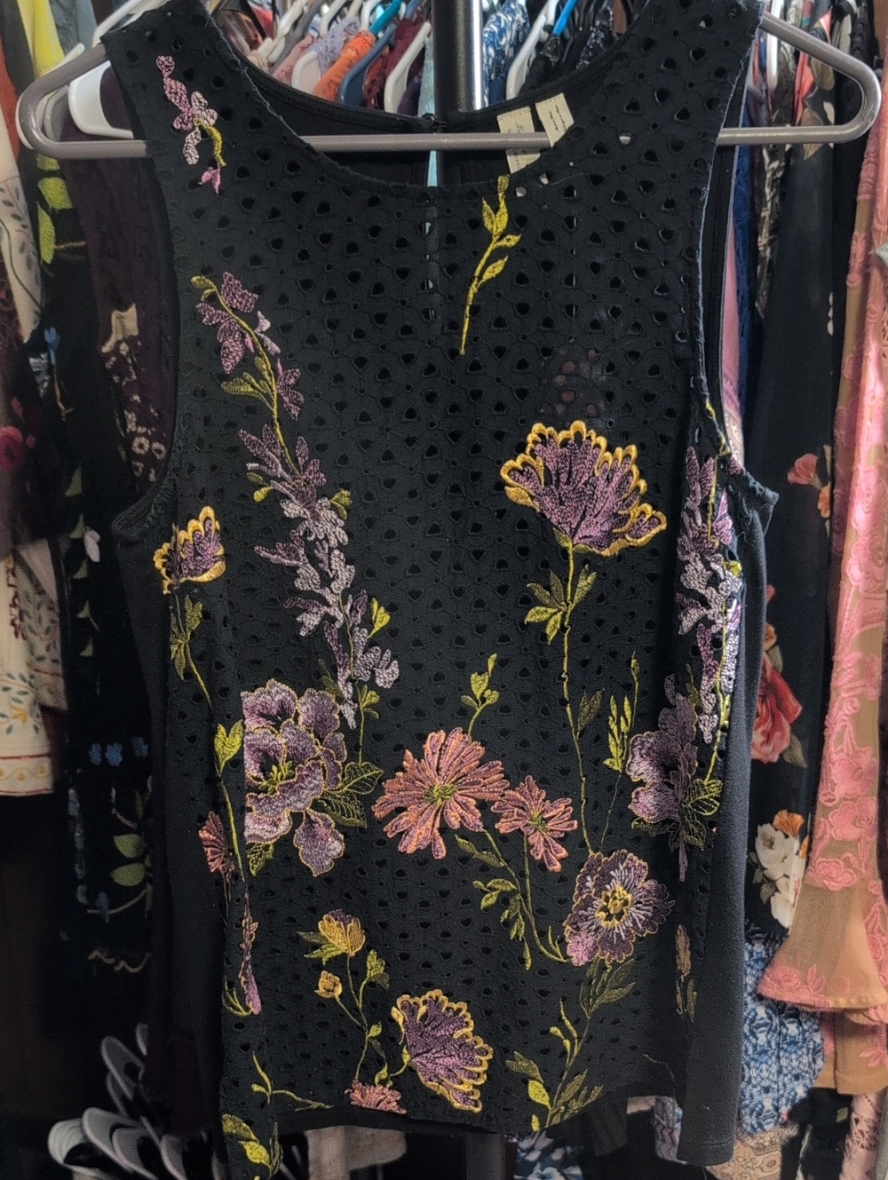 Anthropologie Black Eyelet Tank with Pink & Purple Floral Embroidery